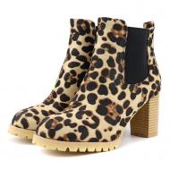 Khaki Suede Leopard Ankle High Heels Combat Chelsea Boots Shoes