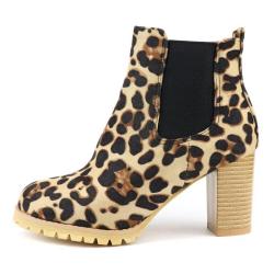 Khaki Suede Leopard Ankle High Heels Combat Chelsea Boots Shoes