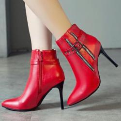 Red Side Zippers Pointed Head Ankle High Stiletto Heels Boots Shoes