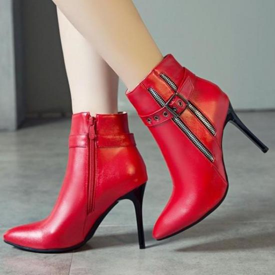 Red Side Zippers Pointed Head Ankle High Stiletto Heels Boots Shoes High Heels Zvoof
