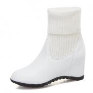 White Knit Woolen Flap Mid Length Ankle Wedges Combat Boots Shoes
