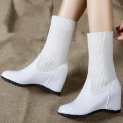 White Knit Woolen Flap Mid Length Ankle Wedges Combat Boots Shoes