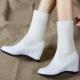 White Knit Woolen Flap Mid Length Ankle Wedges Combat Boots Shoes Wedges Zvoof