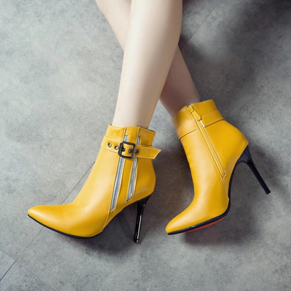 Yellow Side Zippers Ankle Pointed Head High Stiletto Heels ...