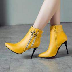 Yellow Side Zippers Ankle Pointed Head High Stiletto Heels Boots Shoes