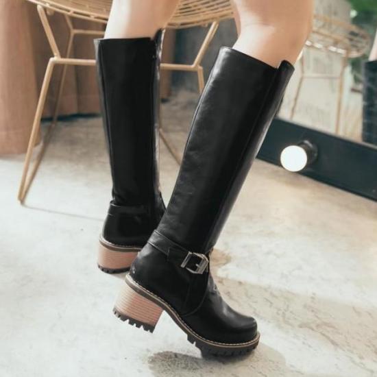 Black Buckle Cleated Sole Combat Long Knee Miltary Boots Shoes Boots Zvoof