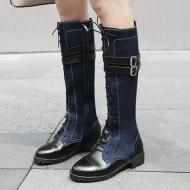 Black Denim Jeans Lace Up Long Knee MIlitary Combat Boots Shoes