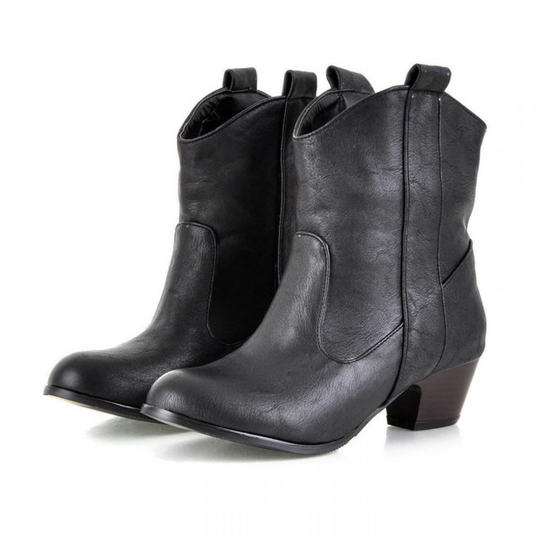 Black Mid Length High Heels Combat Rider Cowboy Country Boots ...