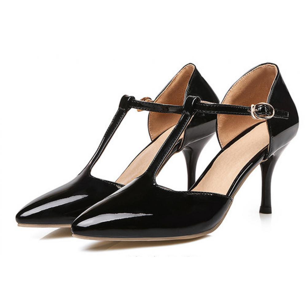 Black Patent Glossy T Strap Pointed Head High Heels Mary ...