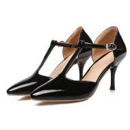 Black Patent Glossy T Strap Pointed Head High Heels Mary Jane Shoes