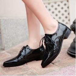 Black Patent Glossy Wingtip Pointed Head Lace Up Oxfords Shoes