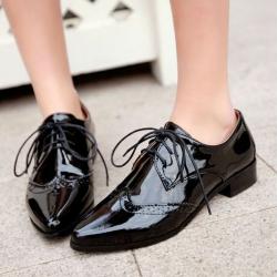 Black Patent Glossy Wingtip Pointed Head Lace Up Oxfords Shoes