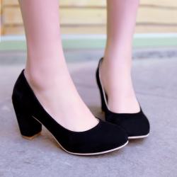 Black Suede Leather Round Head High Heels Shoes
