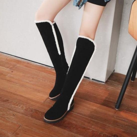 Black Suede Woolen Trim Long Knee Miltary Boots Shoes Boots Zvoof