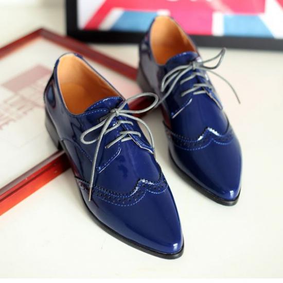 Blue Patent Glossy Wingtip Pointed Head Lace Up Oxfords Shoes Oxfords Zvoof
