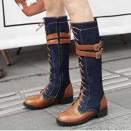 Brown Denim Jeans Lace Up Long Knee MIlitary Combat Boots Shoes