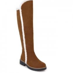 Brown Suede Woolen Trim Long Knee Miltary Boots Shoes