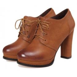 Brown Vintage Lace Up High Heels Oxfords Shoes