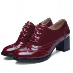 Burgundy Baroque Vintage Lace Up Mid Heels Oxfords Shoes