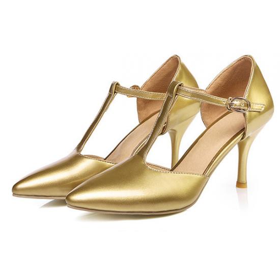 Gold Metallic T Strap Pointed Head High Heels Mary Jane Shoes Mary Jane Zvoof