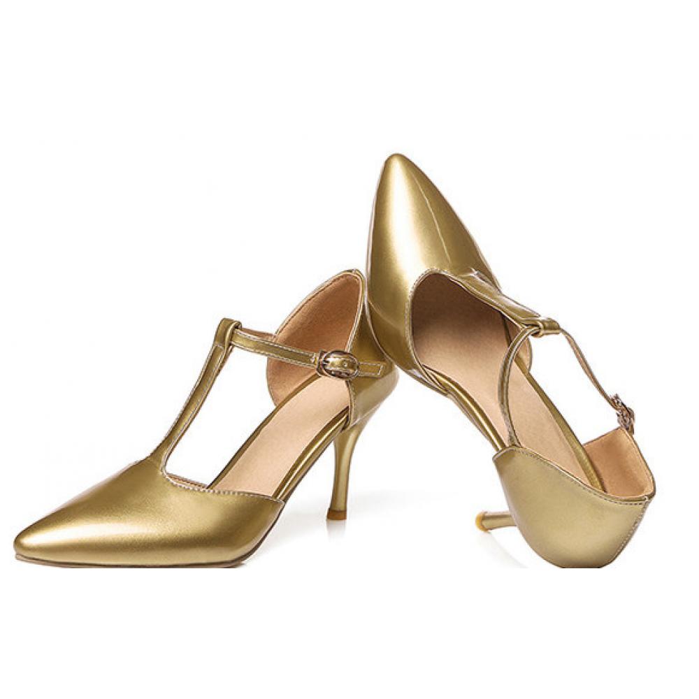 Gold Metallic T Strap Pointed Head High Heels Mary Jane Shoes ...