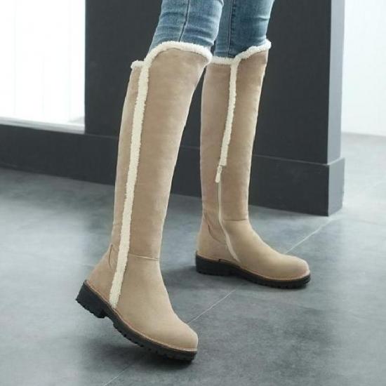 Khaki Suede Woolen Trim Long Knee Miltary Boots Shoes Boots Zvoof