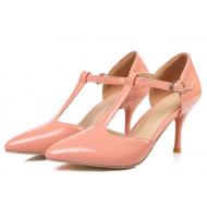 Pink Patent Glossy T Strap Pointed Head High Heels Mary Jane Shoes