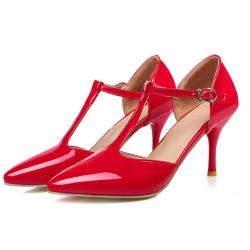 Red Patent Glossy T Strap Pointed Head High Heels Mary Jane Shoes