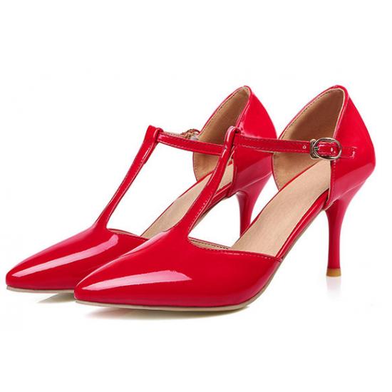 Red Patent Glossy T Strap Pointed Head High Heels Mary Jane ...