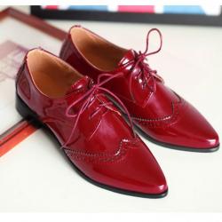 Red Patent Glossy Wingtip Pointed Head Lace Up Oxfords Shoes