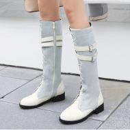 White Denim Lace Up Long Knee MIlitary Combat Boots Shoes