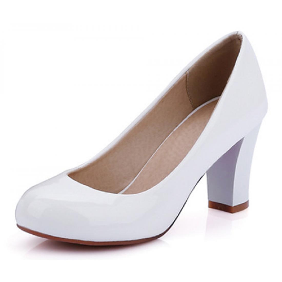 White Patent Glossy Round Head High Heels Shoes High Heels