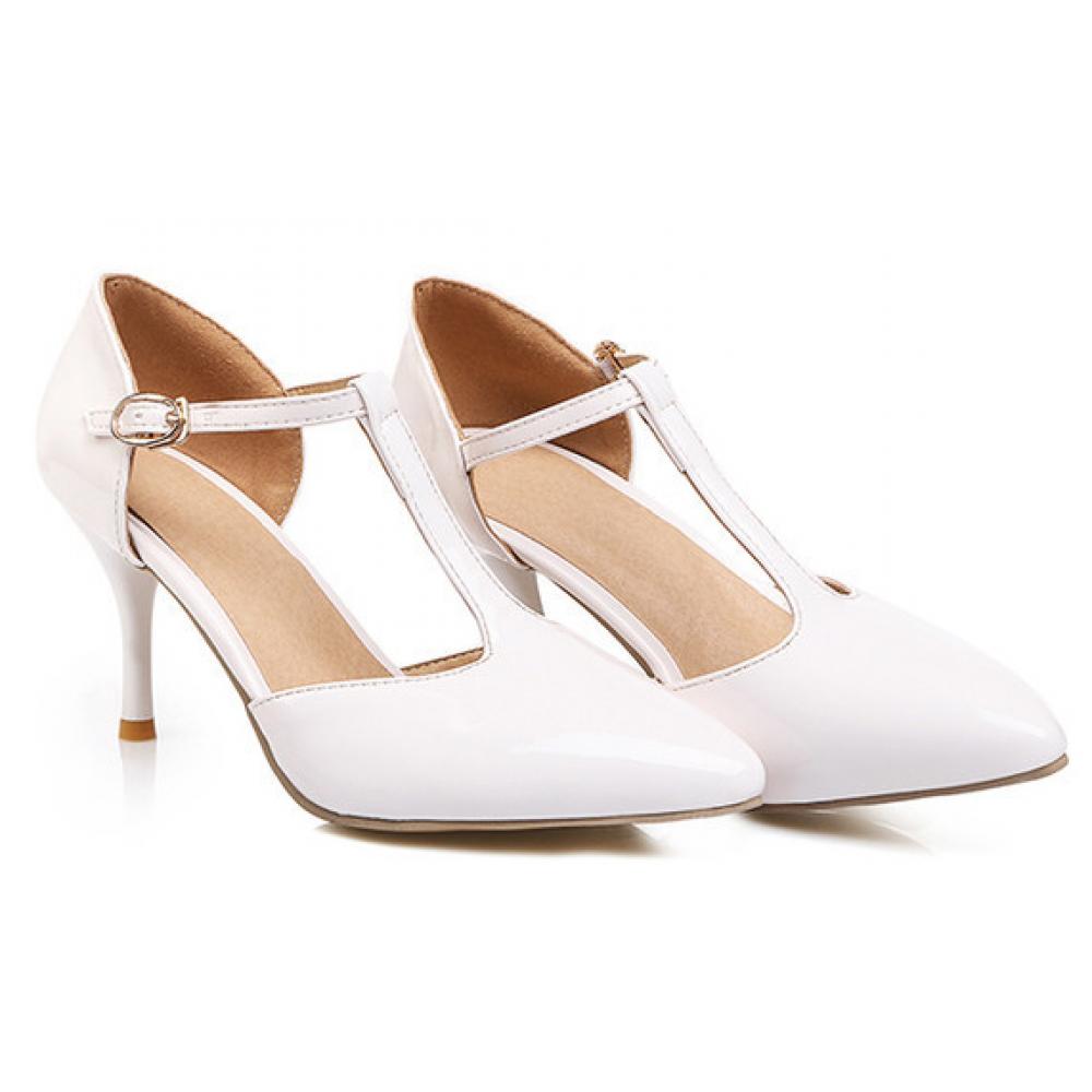 White Patent Glossy T Strap Pointed Head High Heels Mary ...