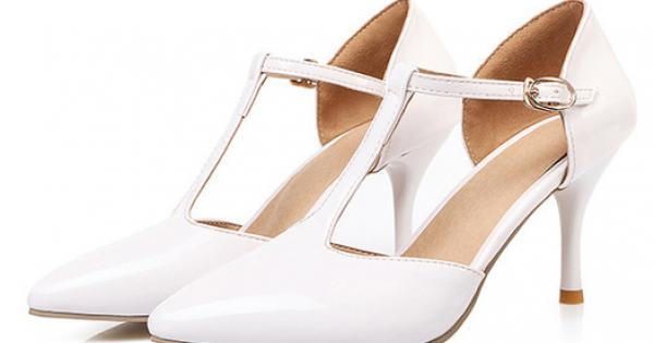 White Patent Glossy T Strap Pointed Head High Heels Mary ...