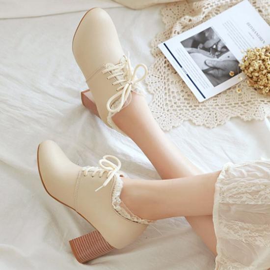 Beige Lace Ruffles Trim HIgh Heels Ankle Lolita Oxfords Shoes Oxfords Zvoof