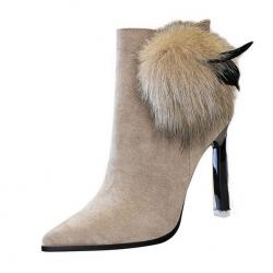 Beige Suede Fur Pom HIgh Stiletto Heels Ankle Boots Shoes