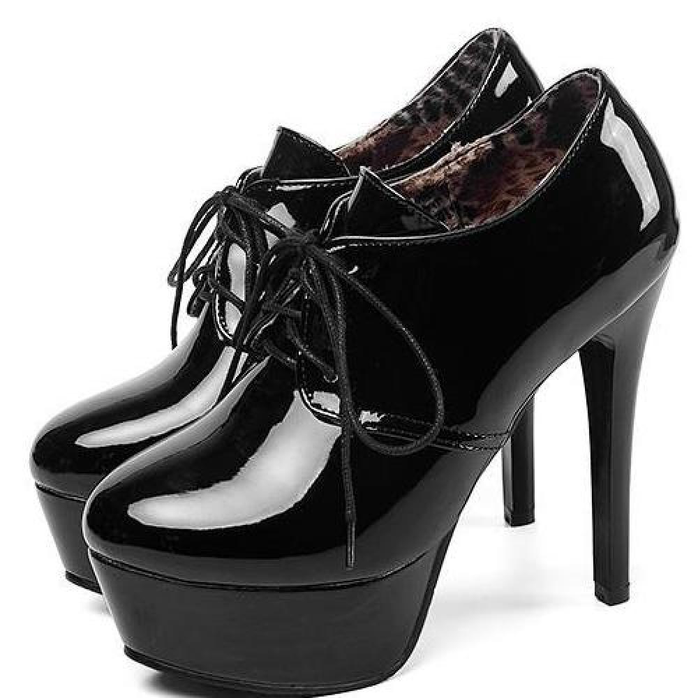 Black Patent Glossy Lace Up Oxfords Platforms Stiletto Super