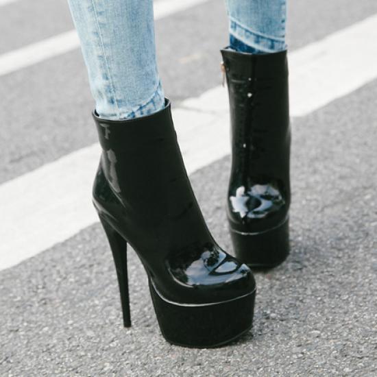 Black Patent Glossy Platforms Stiletto Super High Heels Ankle Boots Shoes Super High Heels Zvoof