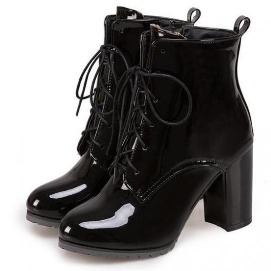 Black Patent Lace Up Military Combat High Heels Boots Booties High Heels Zvoof