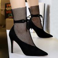 Black Suede Fish Net Sheer HIgh Stiletto Heels Ankle Boots Shoes
