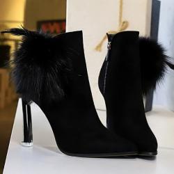 Black Suede Fur Pom HIgh Stiletto Heels Ankle Boots Shoes