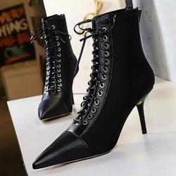 Black Suede Lace Up Pointed Head HIgh Stiletto Heels Ankle Boots Shoes