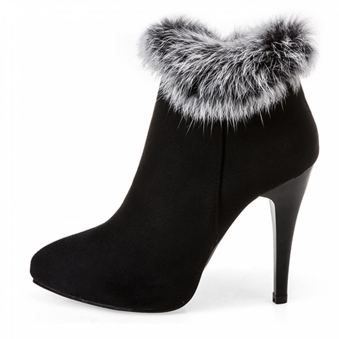 Black Suede Rabbit Fur Ankle Trim High Stiletto Heels Boots ...