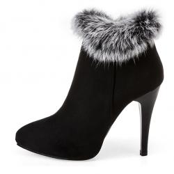 Black Suede Rabbit Fur Ankle Trim High Stiletto Heels Boots Booties Shoes