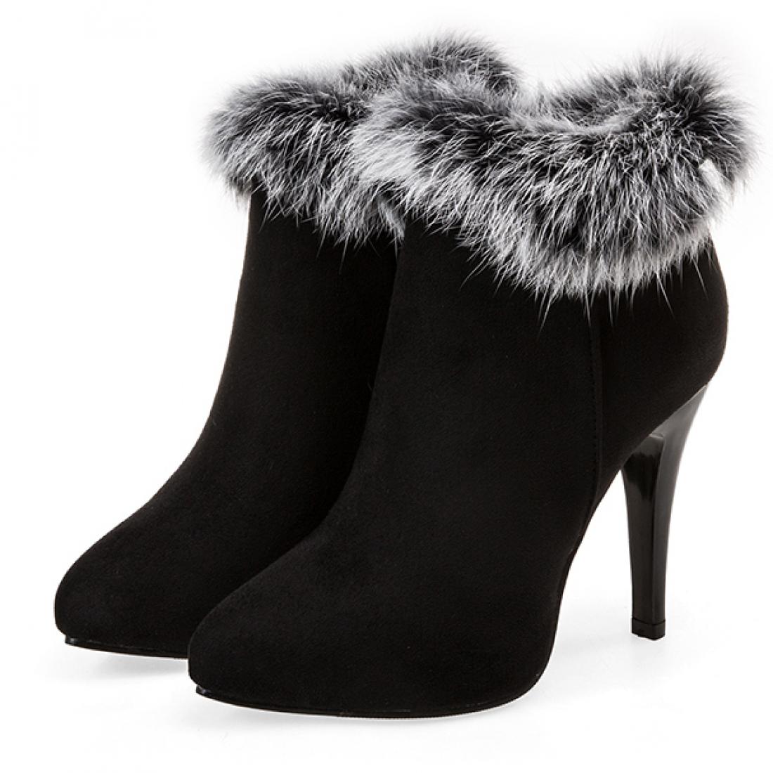 Black Suede Rabbit Fur Ankle Trim High Stiletto Heels Boots ...