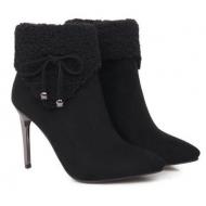 Black Suede Woolen Flap Ankle High Stiletto Heels Boots Booties Shoes