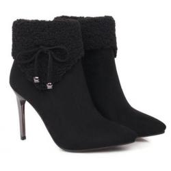 Black Suede Woolen Flap Ankle High Stiletto Heels Boots Booties Shoes
