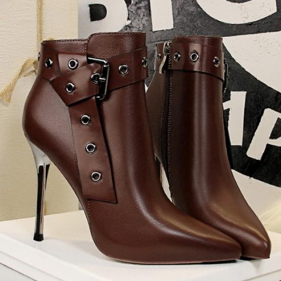 Brown Ankle Belt HIgh Stiletto Heels Ankle Boots Shoes High Heels Zvoof