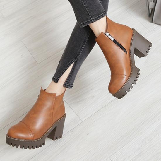 Brown Cleated Sole HIgh Heels Chunky Ankle Miltary Chelsea Boots Shoes High Heels Zvoof