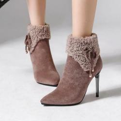 Brown Suede Woolen Flap Ankle High Stiletto Heels Boots Booties Shoes